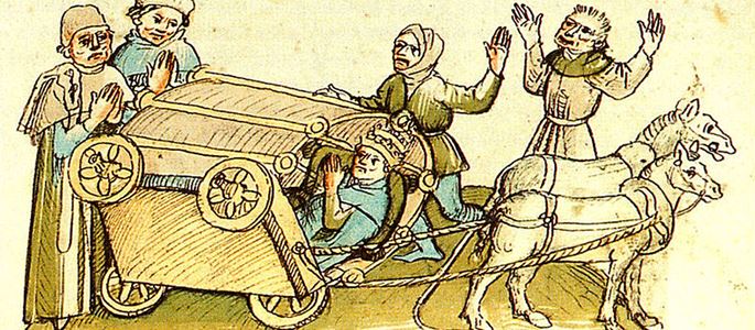 Zeichnung von Papst Johannes XXIII. (Gegenpapst) bei seinem Sturz mit der Kutsche auf der Fahrt zum Konstanzer Konzil.