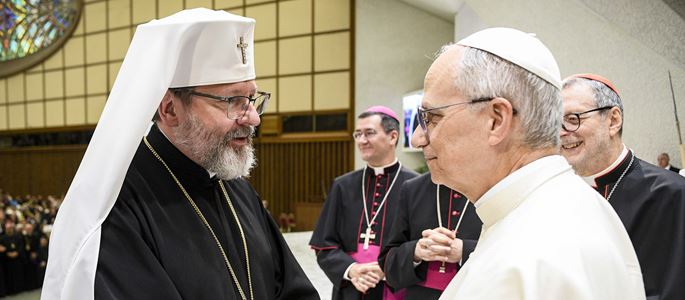 Großerzbischof Swjatoslaw Schewtschuk begrüßt Papst Leo XIV.